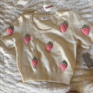Luna Ivy Cream Strawberry Embroidered Short Sleeve Sweater